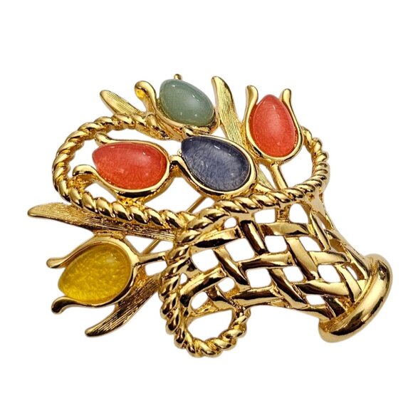 Trifari TM  Tulip Flower Basket Brooch Pink Yellow Blue Lucite Pin, Signed - Picture 2 of 7